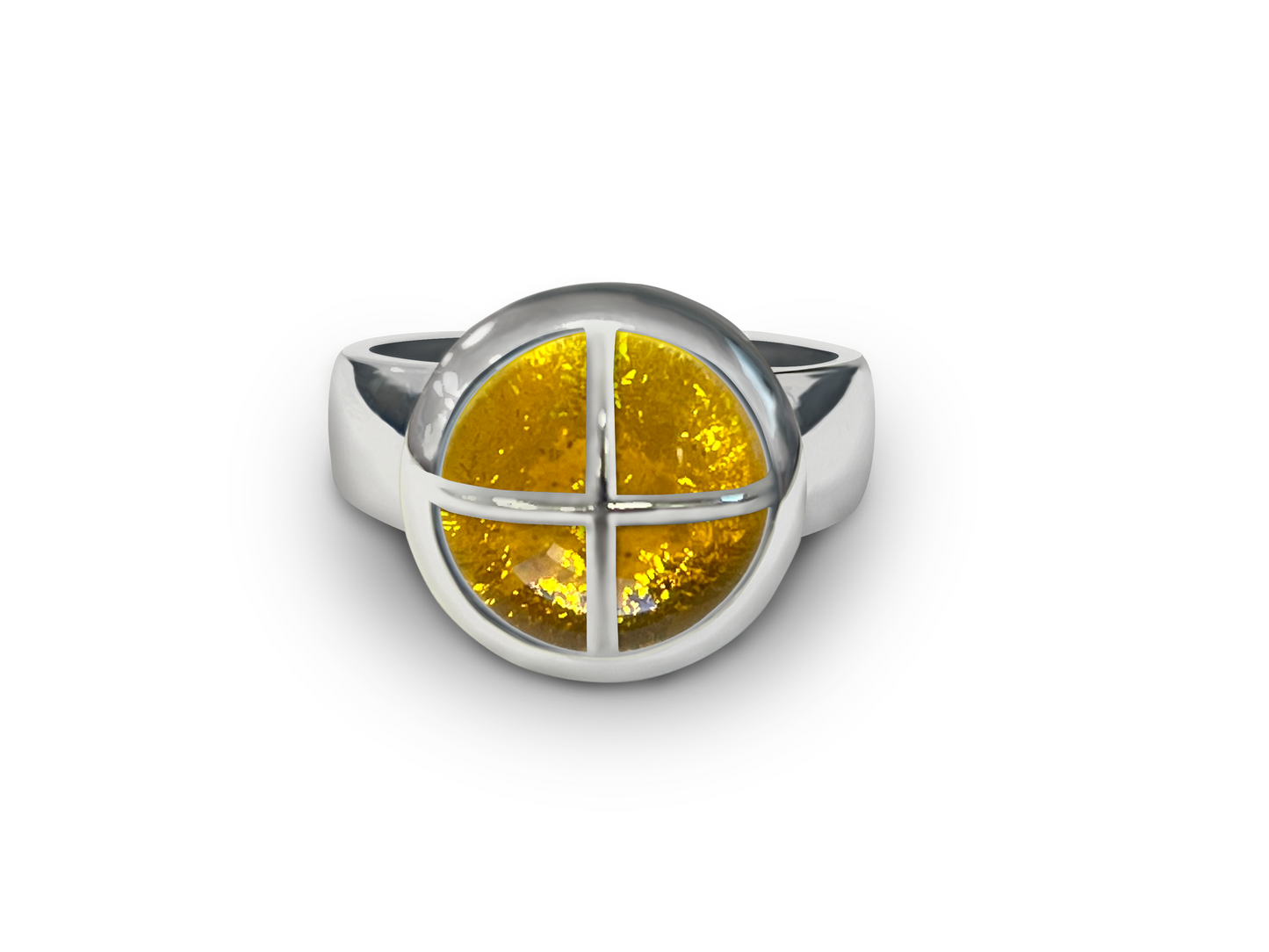 Honey Yellow ashes in glass ring with cross